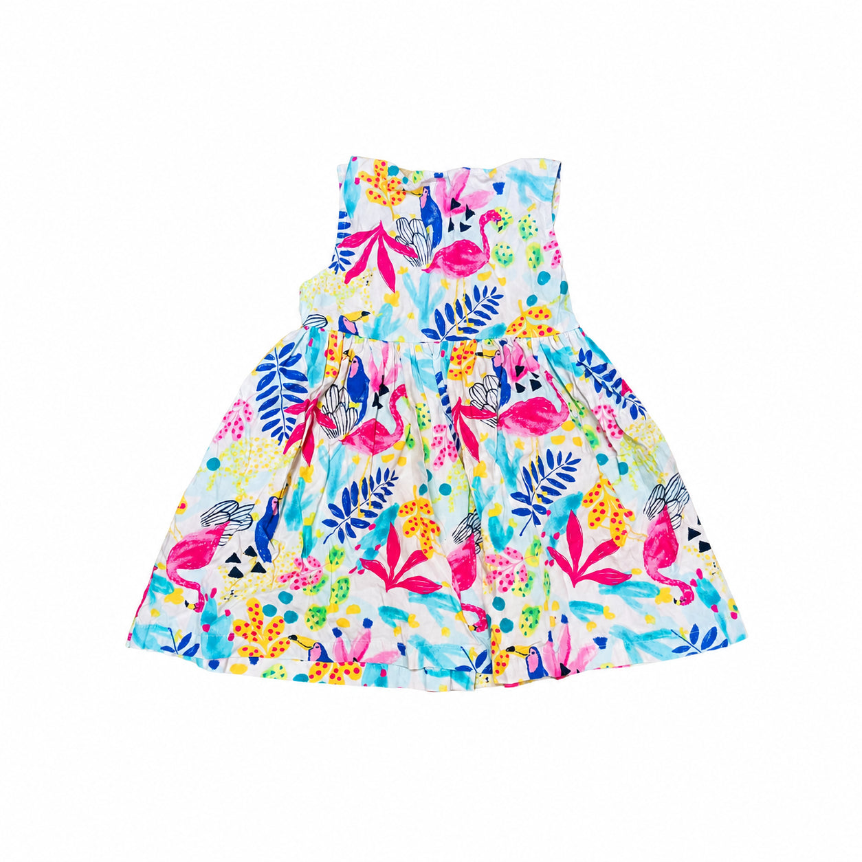 Rochie copii albă cu imprimeu tropical multicolor, 110/116