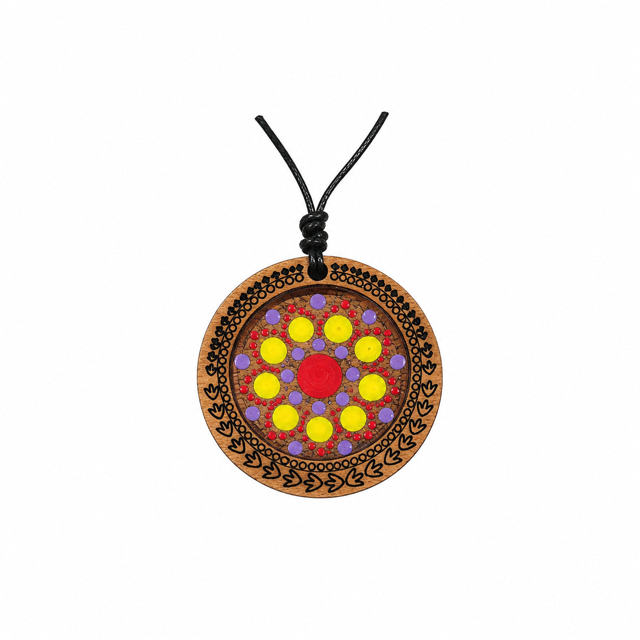 Medalion lanț handmade din lemn gravat și pictat