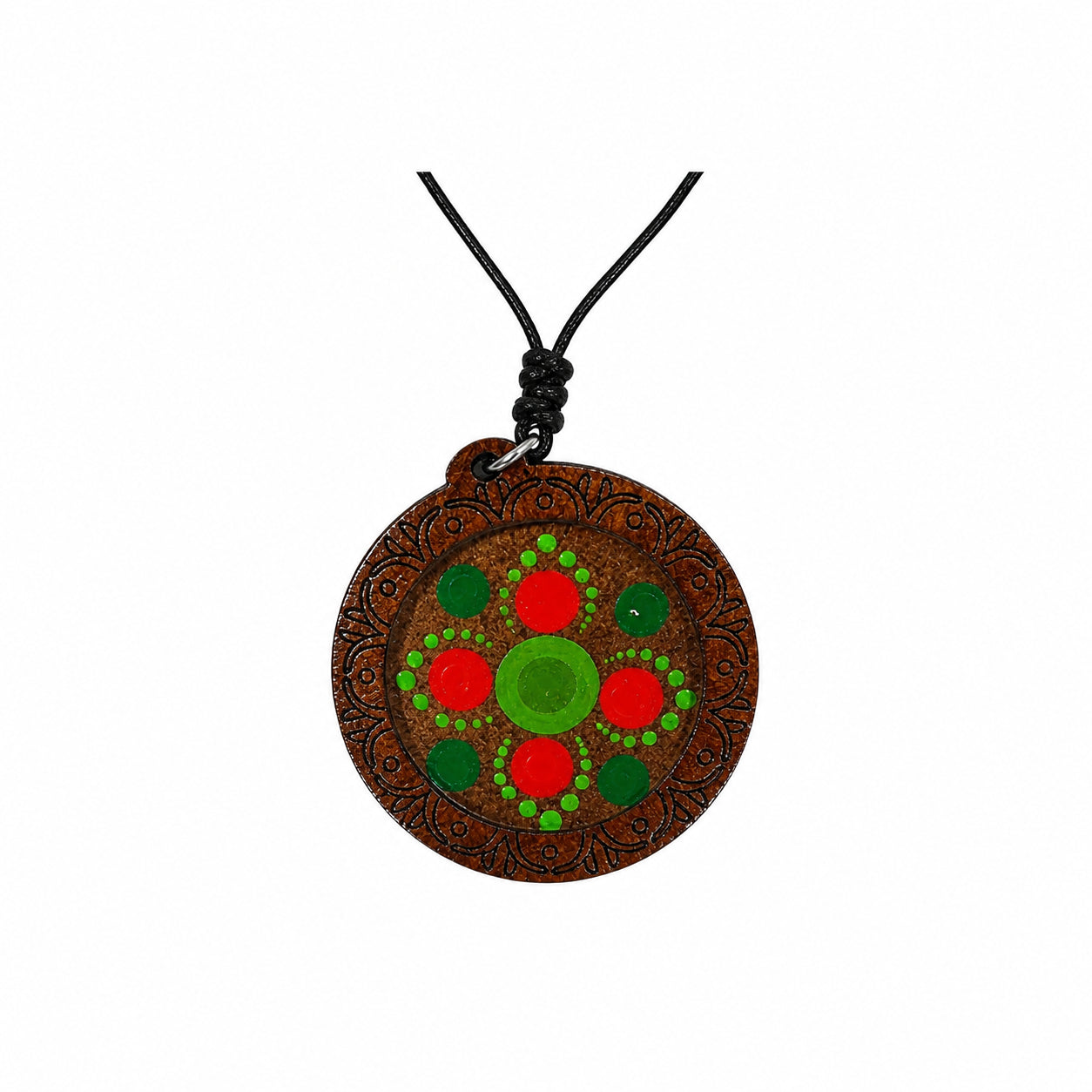 Medalion lanț handmade din lemn gravat și pictat