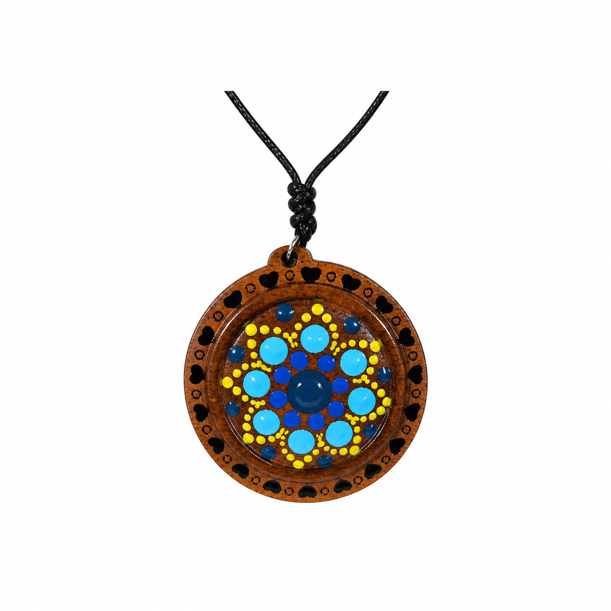 Medalion lanț handmade din lemn gravat și pictat