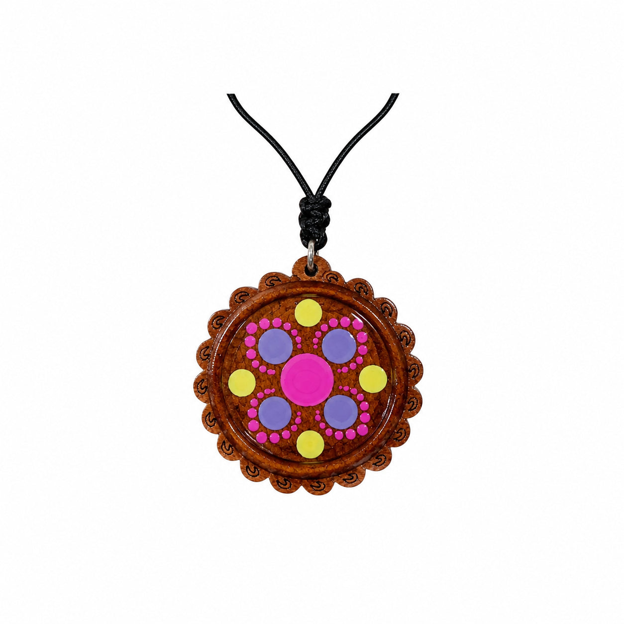 Medalion lanț handmade din lemn gravat și pictat