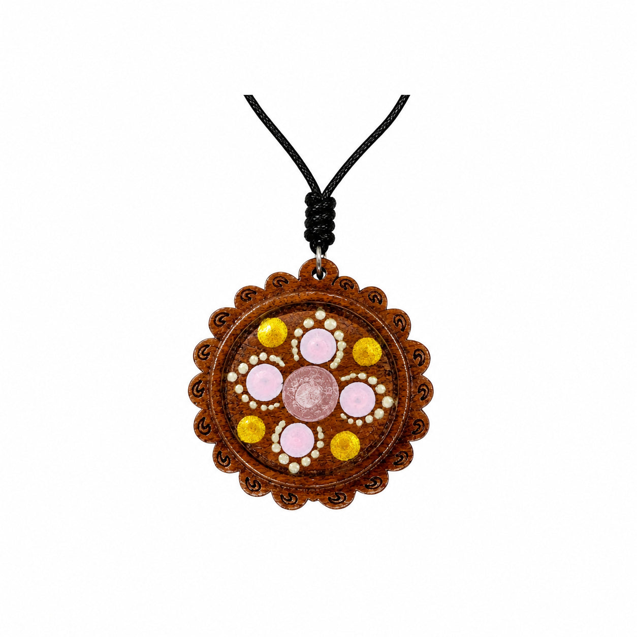 Medalion lanț handmade din lemn gravat și pictat