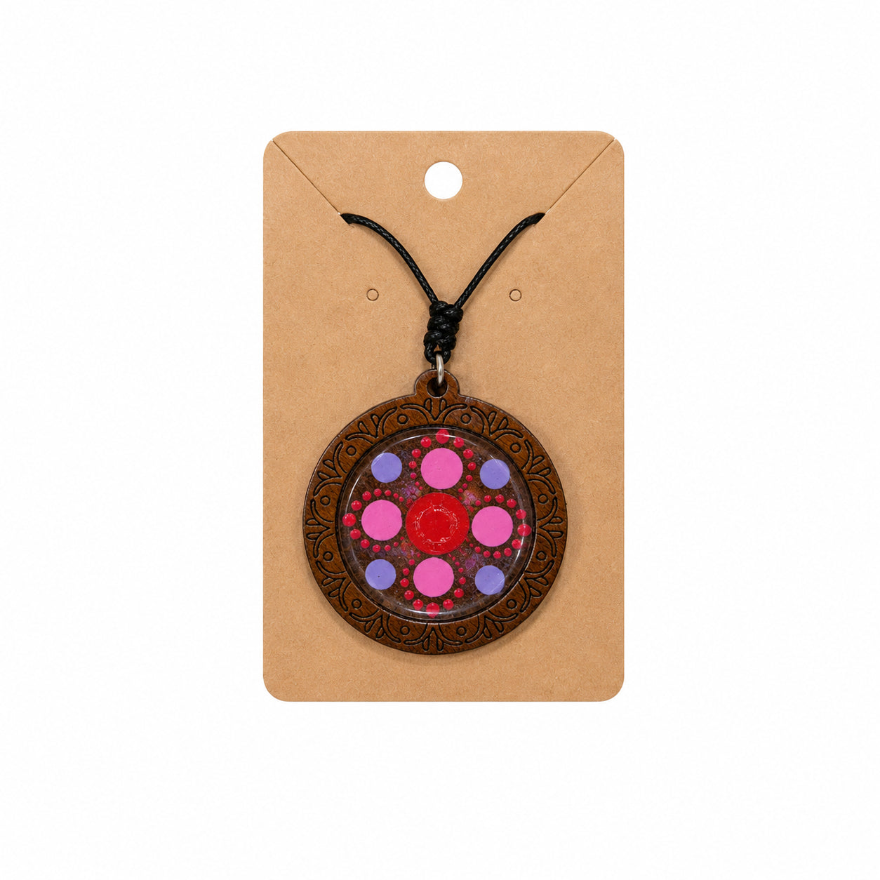 Medalion lanț handmade din lemn gravat și pictat