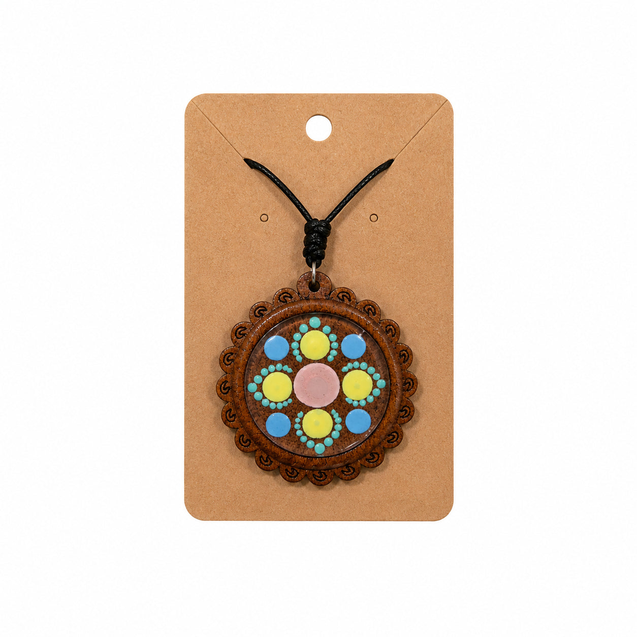 Medalion lanț handmade din lemn gravat și pictat