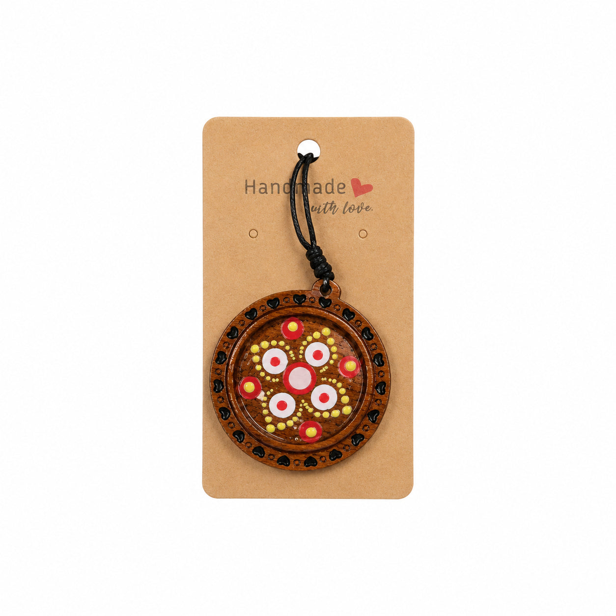 Medalion lanț handmade din lemn gravat și pictat