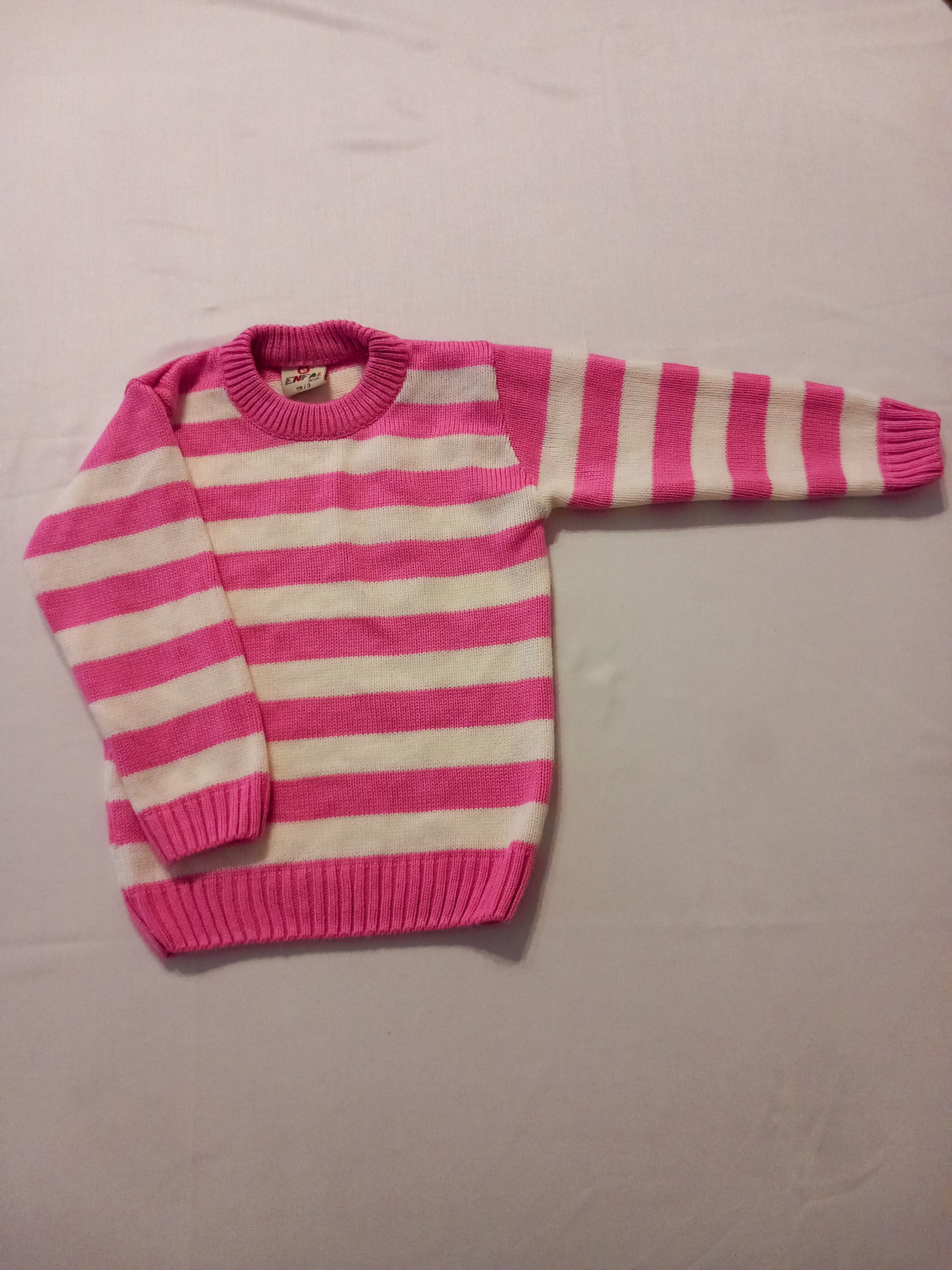 Pulover pentru copii roz cu dungi albe, mărime 116