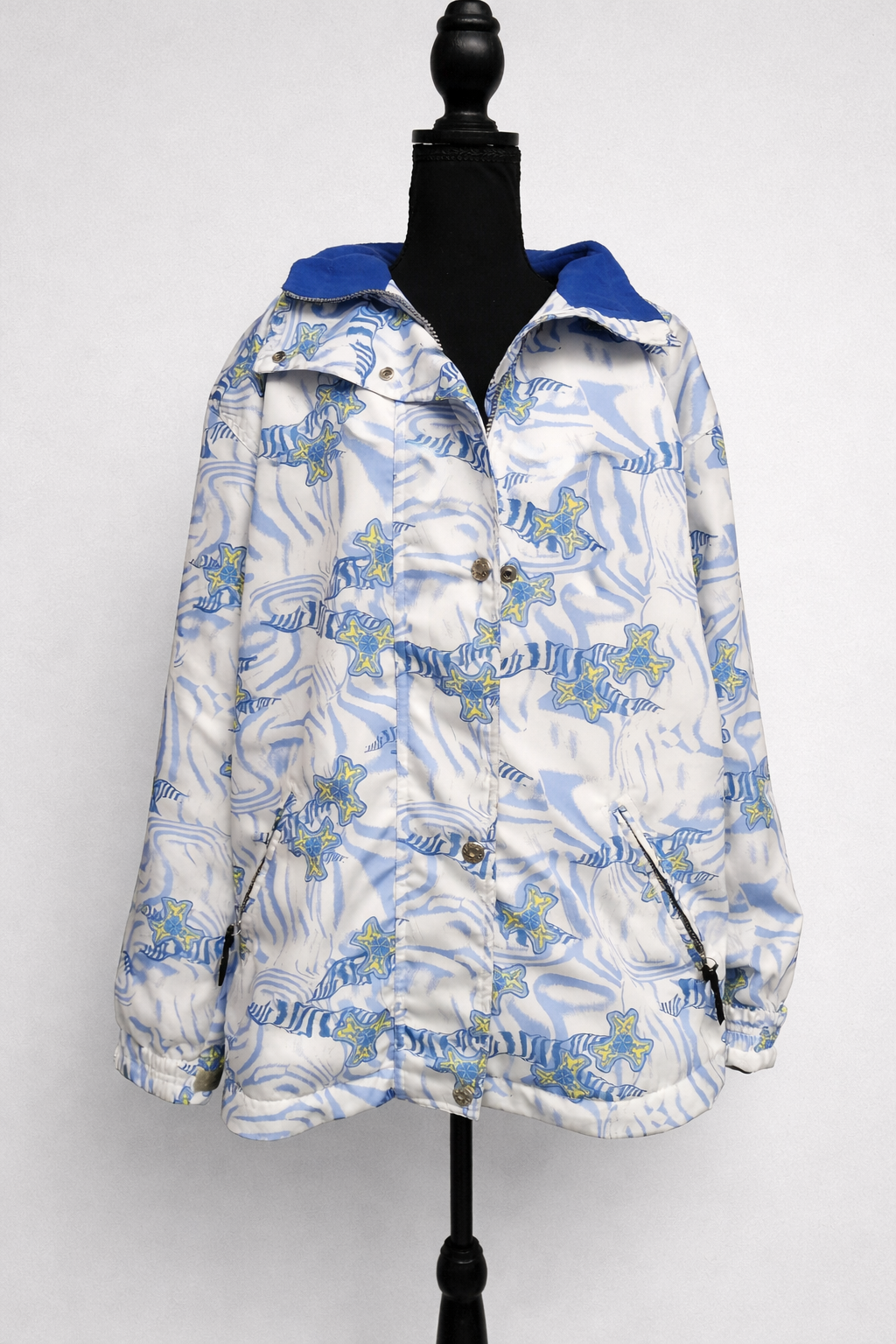 Geacă pentru femei windbreaker cu imprimeu albastru-alb