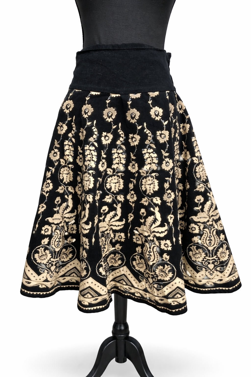 Fustă H&M pentru femei, midi neagră cu imprimeu floral crem, talie înaltă cu bandă lată elastică