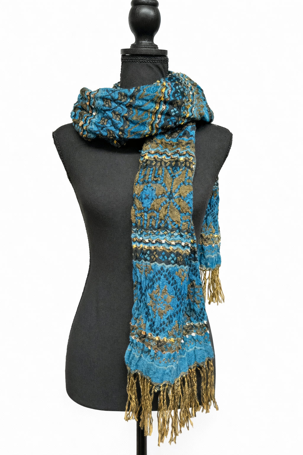 Fular eșarfă damă albastru turcoaz cu imprimeu floral și motive decorative aurii