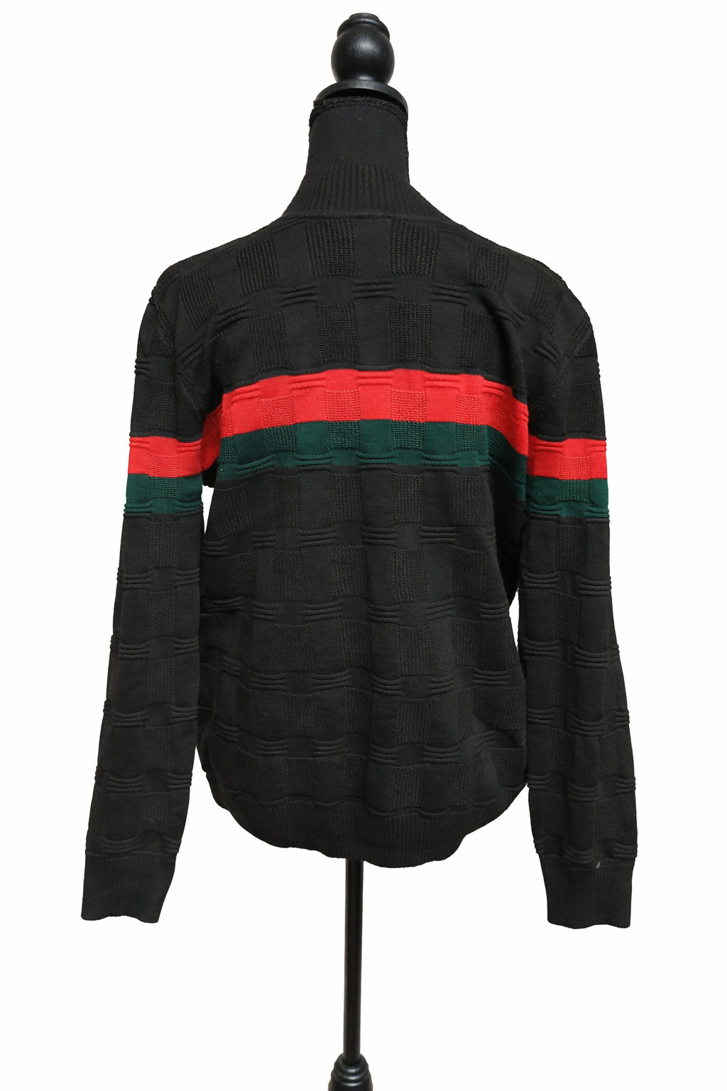 Pulover tricotat negru pentru bărbați, mărime L, cu guler înalt și model texturat în pătrățele