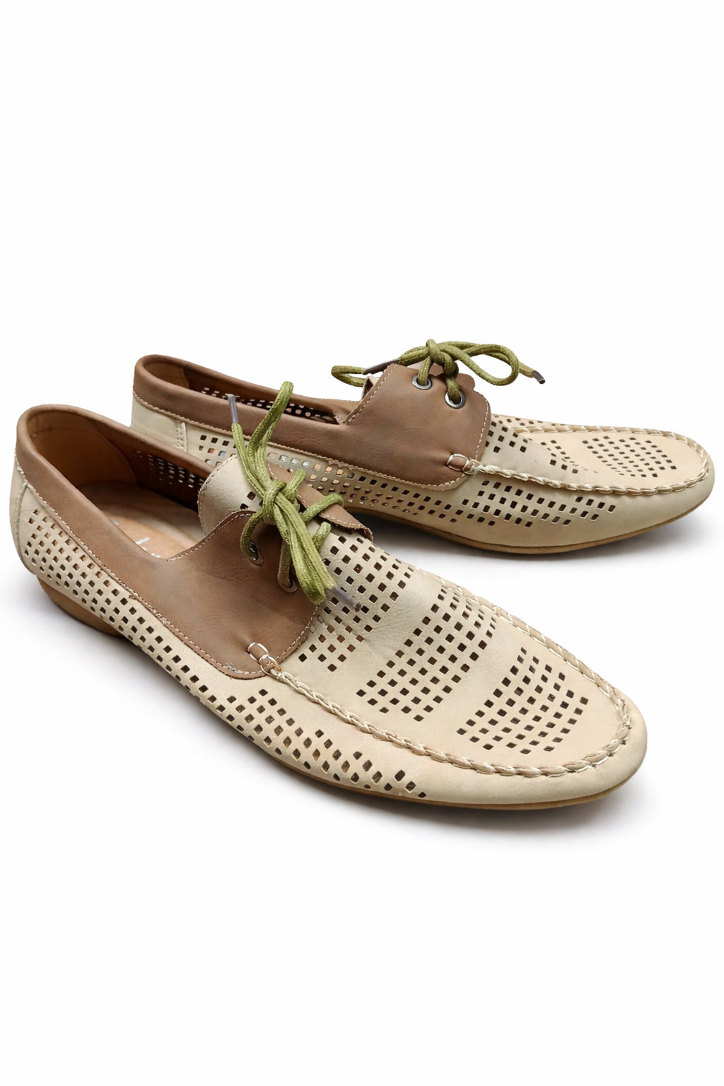 Pantofi casual perforați pentru bărbați, mărime 43, culoare bej cu detalii maro și șireturi verzi