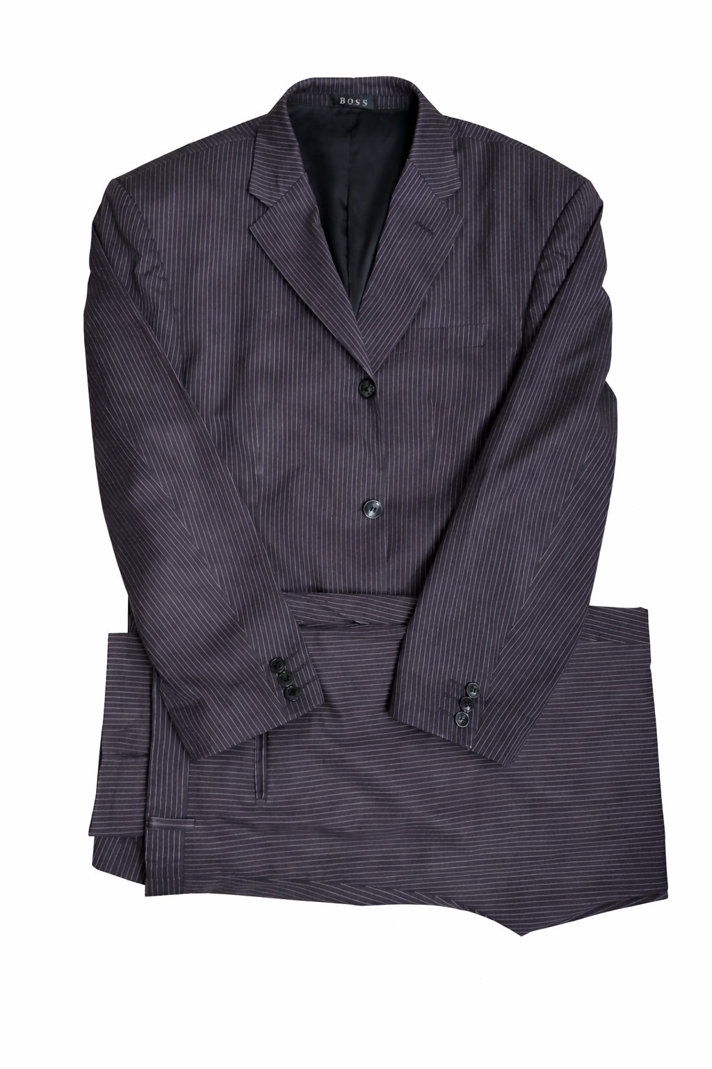 Costum BOSS pentru bărbați, mărime estimată 52, culoare gri închis cu dungi fine (pinstripe)