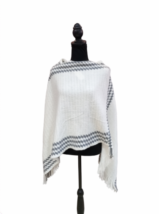 Poncho pentru femei, alb cu model gri geometric