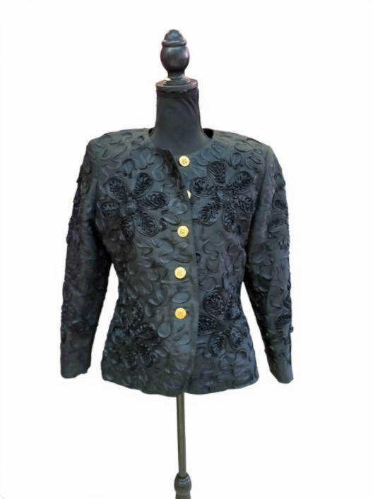 Sacou pentru femei, negru cu aplicații florale în relief