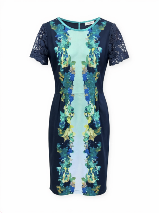 Rochie Roxana pentru femei, bleumarin cu imprimeu abstract în nuanțe de verde și albastru