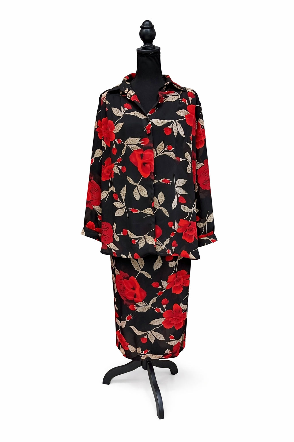 Set pentru femei, două piese (bluză și fustă) negru cu imprimeu floral roșu