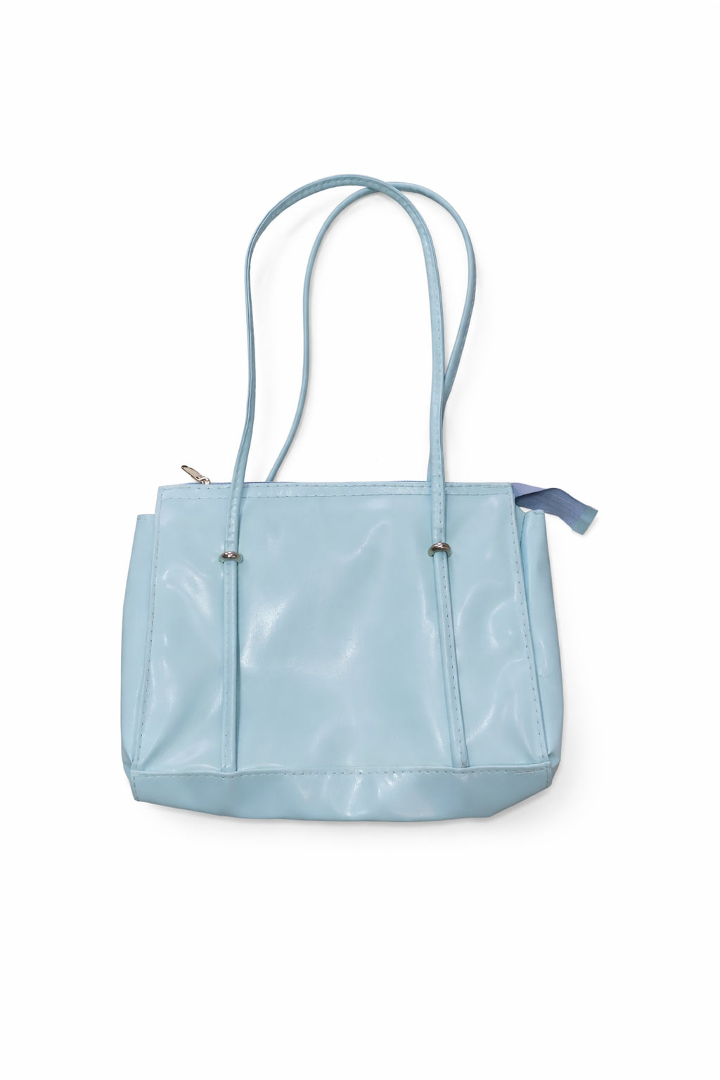 Geantă de mână albastru pastel, dimensiune mică, cu barete lungi și închidere cu fermoar, realizată din material sintetic lucios. Design simplu și elegant, potrivit pentru utilizare zilnică