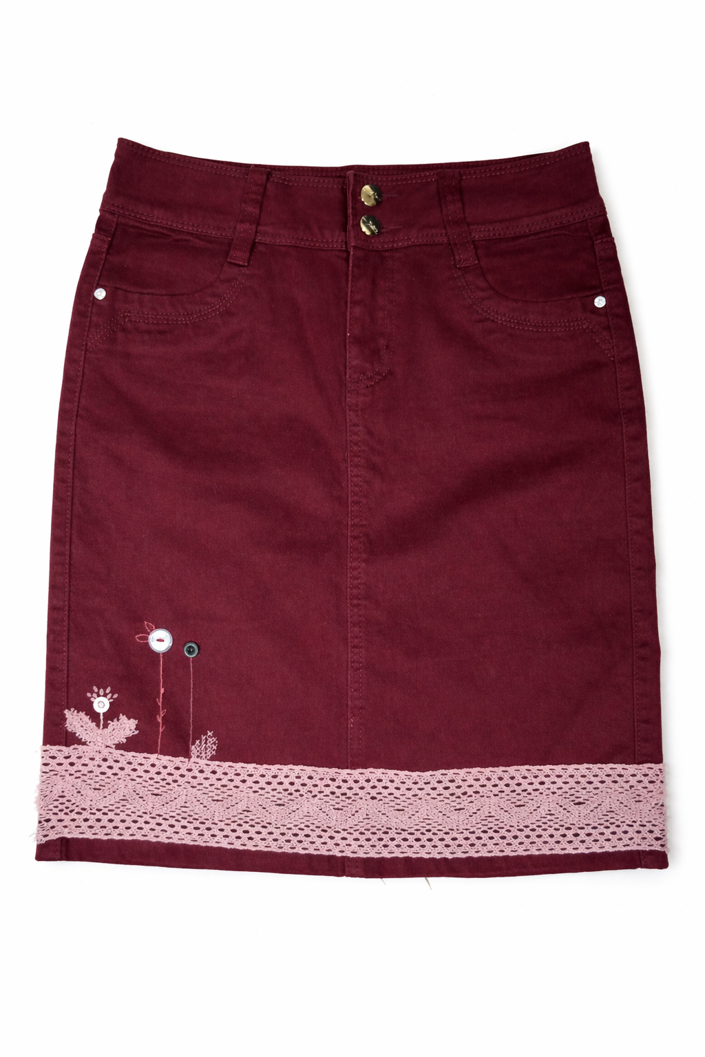 Fustă Bordo Denim cu Broderie și Dantelă Roz – Femei, Mărime 28, Casual