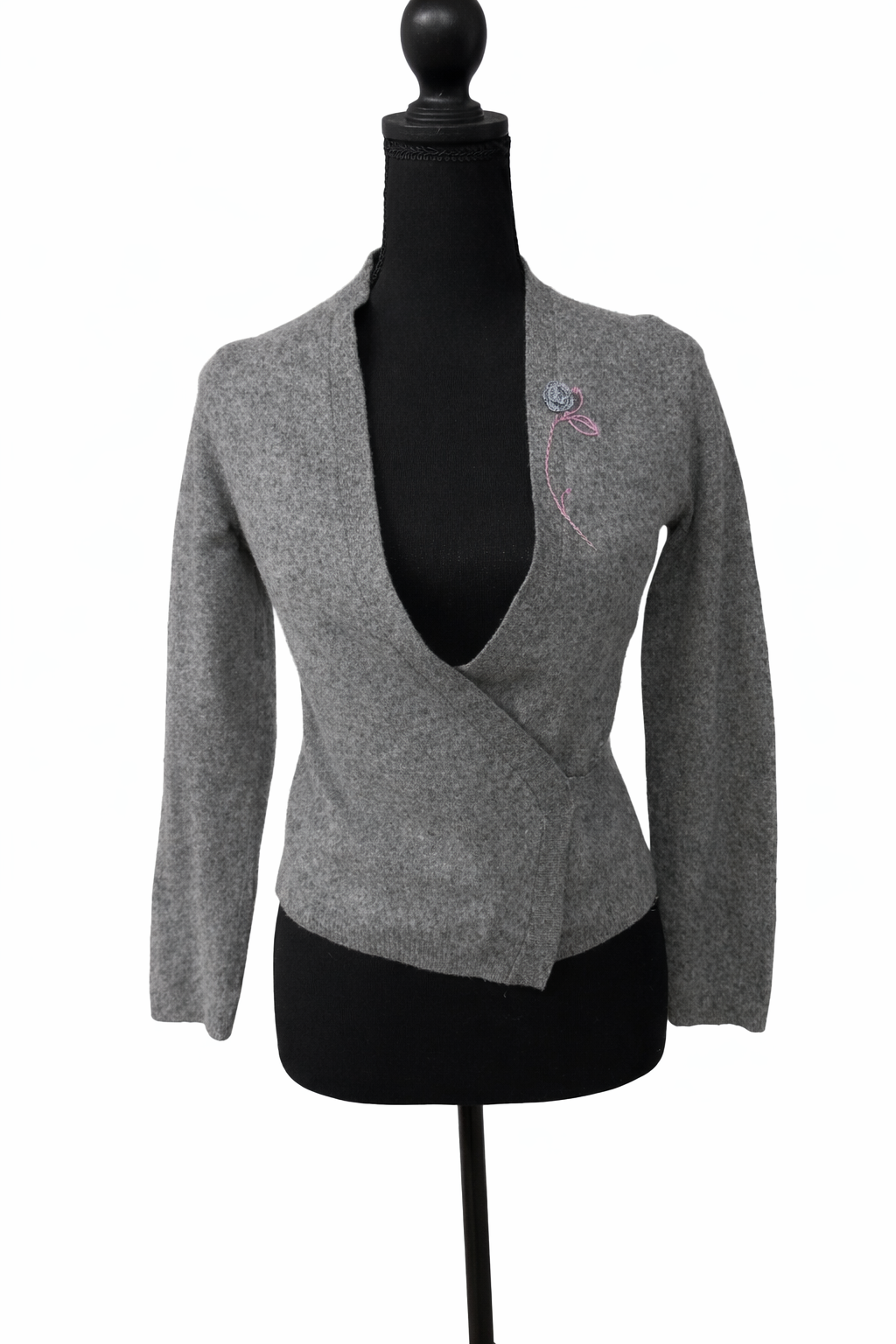 Cardigan Gri Petrecut cu Broderie Florală – Femei, Mărime XS, Casual-Office
